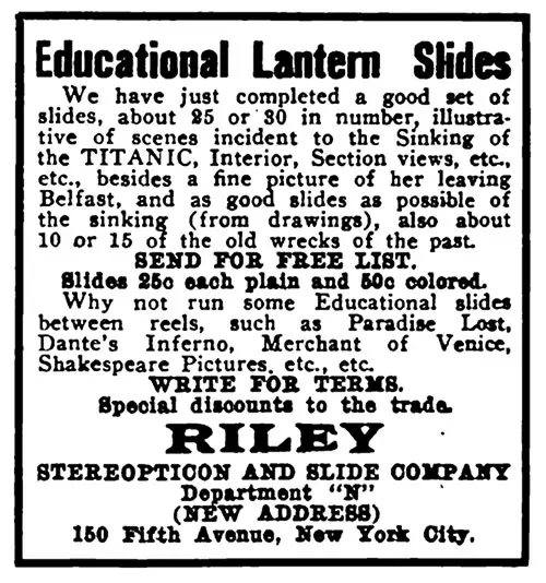 Advertisement for Educational Lantern Slides of the Titanic from Riley Stereopticon and Slide Company