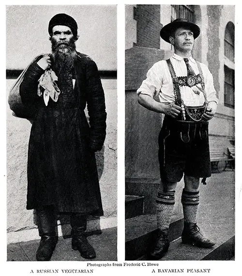 Two Immigrants Passing Through Ellis Island. On the Left, A Russian Vegetarian. On the Right, a Bavarian Peasant.