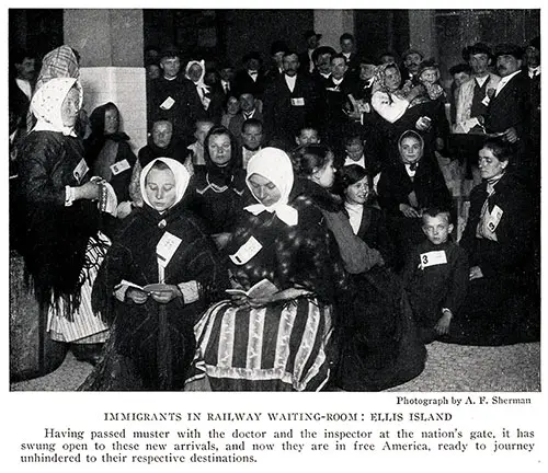 Immigrants in Railway Waiting Room at Ellis Island.