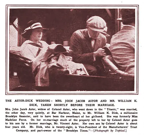 The Former Miss Madeleine Talmage Force (Mrs. Col. John Jacob Astor) who survived the Titanic disaster went on to Marry Mr. William K. Dick, photograph taken shortly before their marriage by Topical.