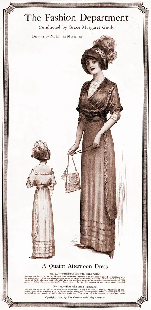 A Quaint Afternoon Dress - The Fashion Department, Conducted by Grace Margaret Gould, Drawing by M. Emma Musselman. © 1911 The Crowell Publishing Company.