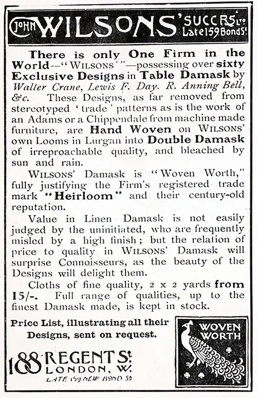 Advertisement - John Wilsons' Successors, Ltd., RMS Campania Cunard Daily Bulletin for 24 January 1908.