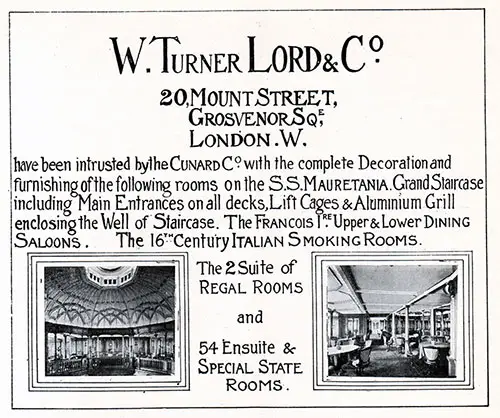 Advertisement - W. Turner Lord & Co., RMS Campania Cunard Daily Bulletin for 24 January 1908.