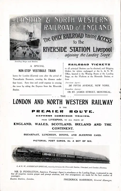 Advertisement - London & Northwestern Railroad, RMS Campania Cunard Daily Bulletin for 24 January 1908.