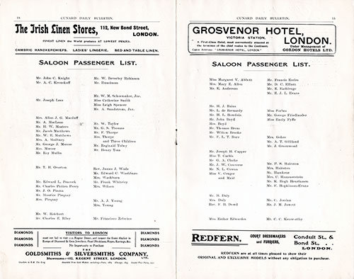 Saloon Passenger List, RMS Campania, 19 January 1908 Published in the RMS Campania Edition of the Cunard Daily Bulletin for 24 January 1908.