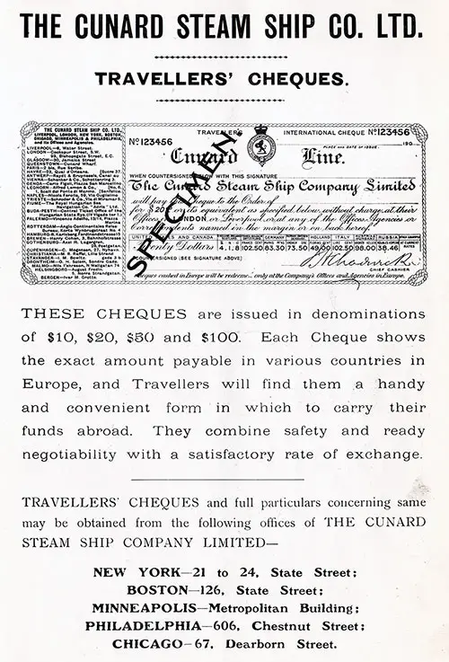 Advertisement - Cunard Travellers' Cheques, RMS Campania Cunard Daily Bulletin for 24 January 1908.