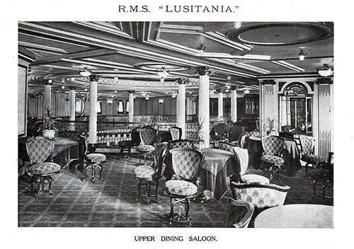 Upper Dining Saloon on the RMS Lusitania of the Cunard Line.