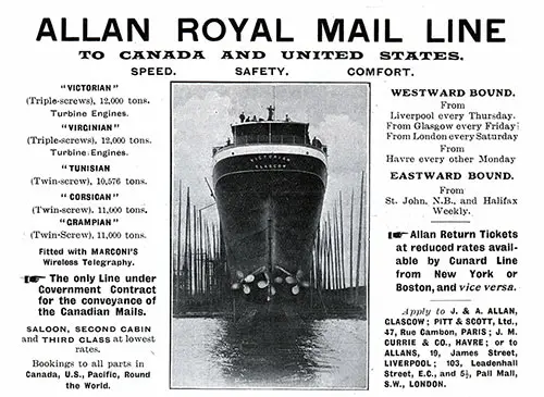 Advertisement - Allan Royal Mail Line, RMS Campania Cunard Daily Bulletin for 24 January 1908.
