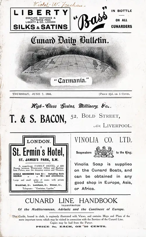 Front Page, RMS Carmania Onboard Publication of the Cunard Daily Bulletin for 7 June 1908.