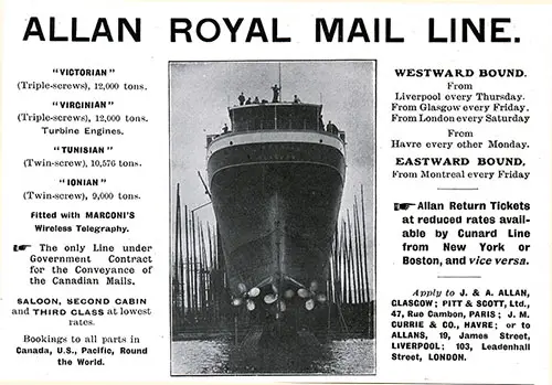 Advertisement - Allan Royal Mail Line, RMS Carmania Onboard Publication of the Cunard Daily Bulletin for 7 June 1906.
