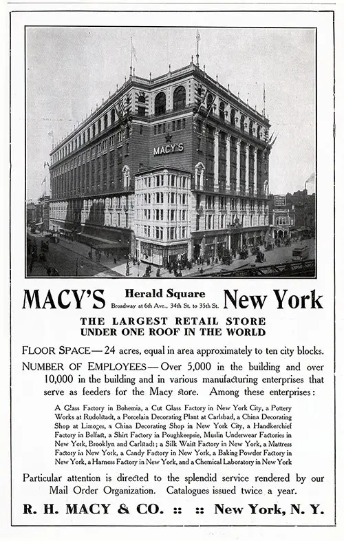 Advertisement - R. H. Macy & Co., RMS Carmania Onboard Publication of the Cunard Daily Bulletin for 7 June 1906.