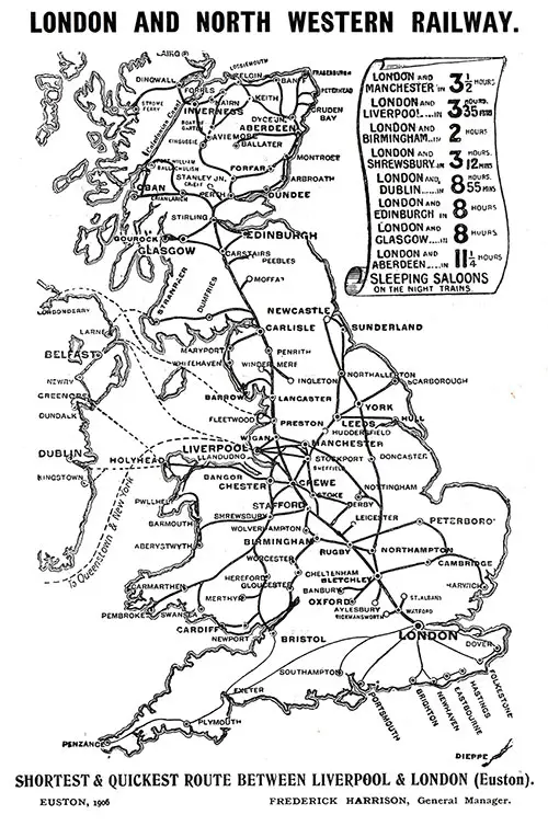 Advertisement - London and North Western Railway, RMS Carmania Onboard Publication of the Cunard Daily Bulletin for 7 June 1906.