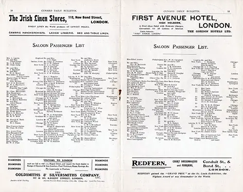 Saloon Passenger List, RMS Carmania Onboard Publication of the Cunard Daily Bulletin for 7 June 1906.