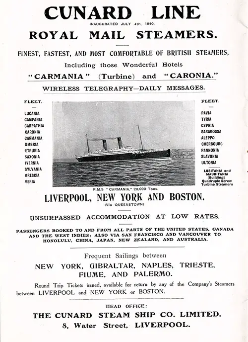 Advertisement - Cunard Line, RMS Carmania Onboard Publication of the Cunard Daily Bulletin for 7 June 1906.