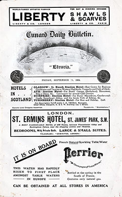 GGA Image ID # 12f269b6a3 Front Page, RMS Etruria Onboard Publication of the Cunard Daily Bulletin for 11 September 1908.
