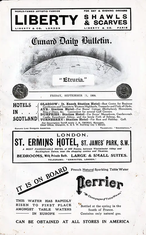 Front Page, RMS Etruria Onboard Publication of the Cunard Daily Bulletin for 11 September 1908.