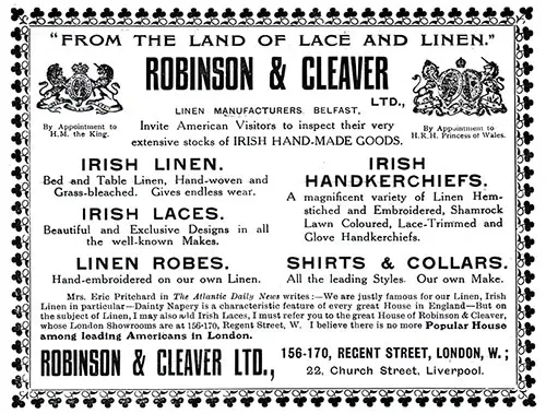 Advertisement - Robinson & Cleaver Ltd., RMS Etruria Onboard Publication of the Cunard Daily Bulletin for 11 September 1908.