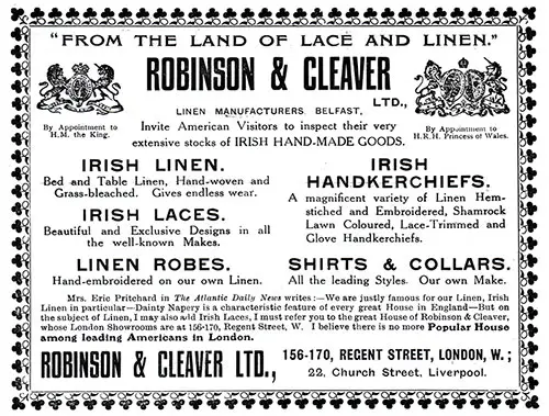 Robinson & Cleaver, Linen Manufactures, Belfast - 1908 Advertisement