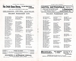 Saloon Passenger List included in the 11 September 1908 Etruria Edition of the Cunard Daily Bulletin.