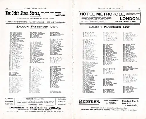 Cunard Daily Bulletin Excerpt of Saloon Passenger List from the RMS Etruria of the Cunard Line.