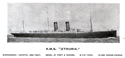 RMS Etruria of the Cunard Line. Length: 500 Feet, Beam: 57 Feet 3 Inches, 8,119 Tons, and 14,500 Horsepower.