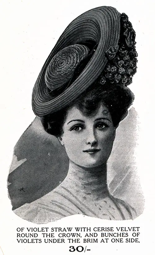 Photograph Inset of woman modeling an exquiste Parisian Hat of Violet Straw with Cerise Velvet Round the Crown