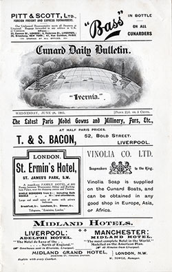 Front Page of the Cunard Daily Bulletin, RMS Ivernia Edition for Wednesday, 28 June 1905.