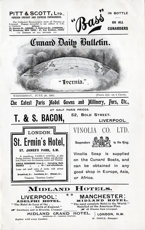 Front Page of the Cunard Daily Bulletin, RMS Ivernia Edition for Wednesday, 28 June 1905.