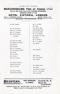 Saloon Passenger List, Page 1 of 2 from the Cunard Daily Bulletin, RMS Ivernia Edition for Wednesday, 28 June 1905.