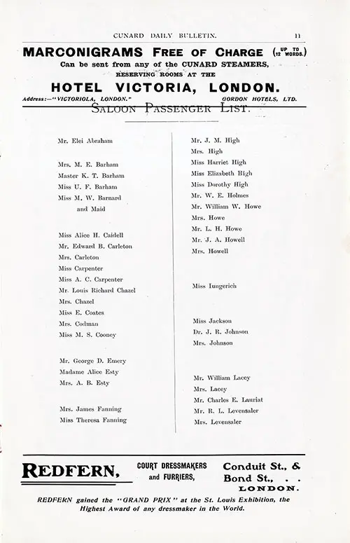 Saloon Passenger List, Page 1 of 2 from the Cunard Daily Bulletin, RMS Ivernia Edition for Wednesday, 28 June 1905.