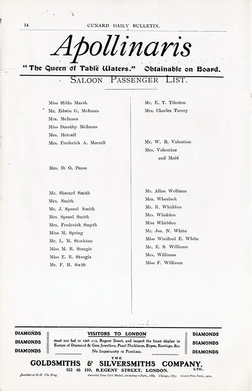 Saloon Passenger List, Page 2 of 2 from the Cunard Daily Bulletin, RMS Ivernia Edition for Wednesday, 28 June 1905.