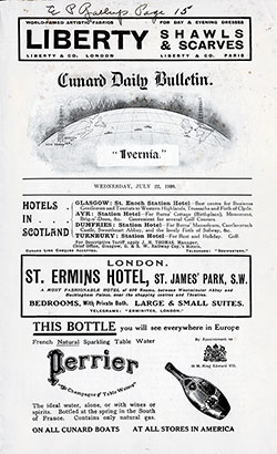 Front Page, SS Ivernia Onboard Publication of the Cunard Daily Bulletin for 22 July 1908.