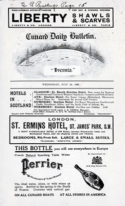 GGA Image ID # 131d07cfbd Front Page, SS Ivernia Onboard Publication of the Cunard Daily Bulletin for 22 July 1908.