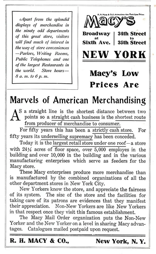 Advertisment, R. H. Macy & Co., New York. Cunard Daily Bulletin, Ivernia Edition for 22 July 1908.