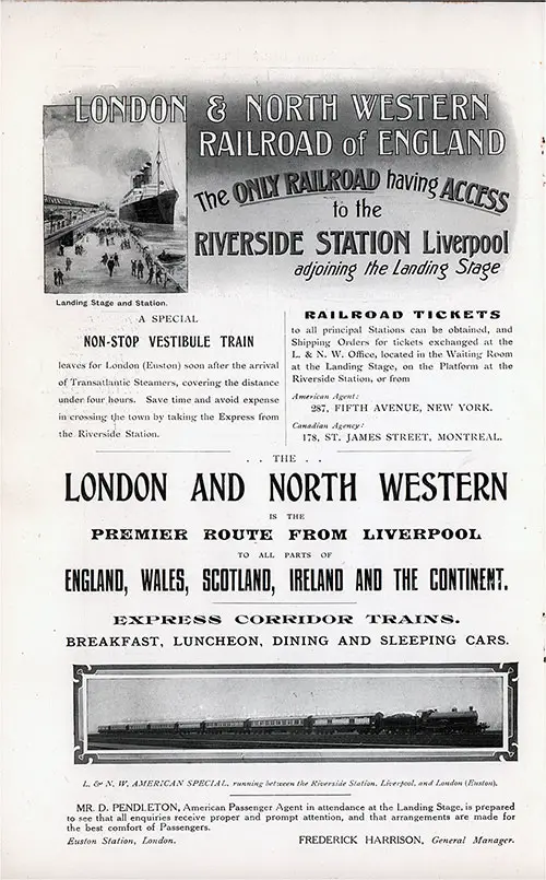 Advertisement, London & North Western Railroad of England. Cunard Daily Bulletin, Ivernia Edition for 22 July 1908.