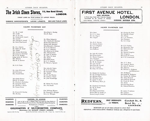Passenger List, RMS Ivernia, Cunard Line, July 1908, Boston to Liverpool 