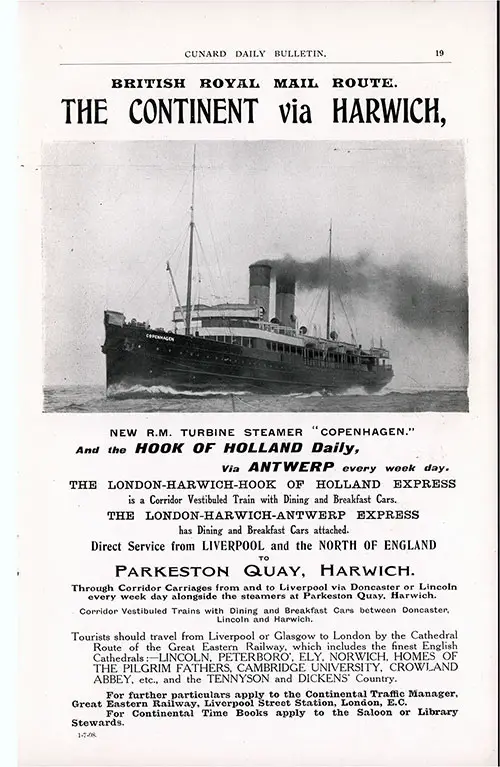 Advertisement, The London-Harwich-Hook of Holland Express. Cunard Daily Bulletin, Ivernia Edition for 22 July 1908.