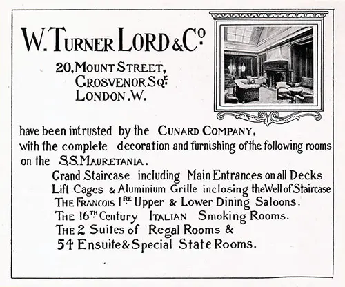 Advertisement, W. Turner Lord & Co, London. Cunard Daily Bulletin, Ivernia Edition for 22 July 1908.