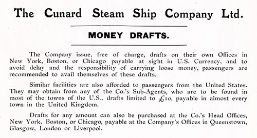 Advertisement, The Cunard Steam Ship Company Ltd. Money Drafts. Cunard Daily Bulletin, Ivernia Edition for 22 July 1908.
