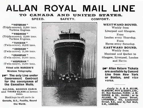 Advertisement, Allan Royal Mail Line. Cunard Daily Bulletin, Ivernia Edition for 22 July 1908.