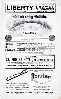 Front Page, RMS Lusitania Onboard Publication of the Cunard Daily Bulletin for 10 June 1908.