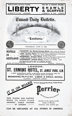 GGA Image ID # 131f740cf1 Front Page, RMS Lusitania Onboard Publication of the Cunard Daily Bulletin for 10 June 1908.