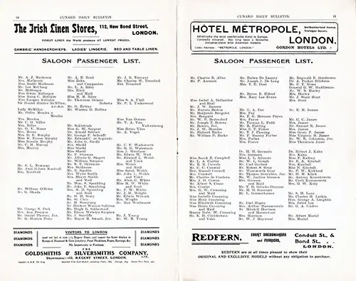 RMS Lusitania Salonn Passenger List for 6 June 1908. Published in the Cunard Daily Bulletin, Lusitania Edition, 10 June 1908.