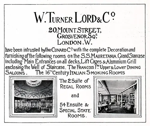 Advertisement, W. Turner Lord & Co. - London. Published in the Lusitania Edition of the Cunard Daily Bulletin for 10 June 1908.