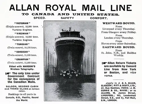 Advertisement, Allan Royal Mail Line. Published in the Lusitania Edition of the Cunard Daily Bulletin for 10 June 1908.