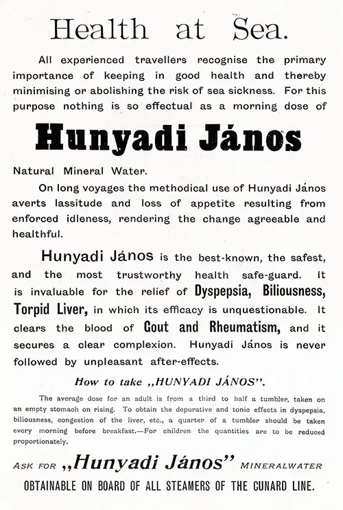 Advertisement, Junyadi János Natural Mineral Water. Published in the Lusitania Edition of the Cunard Daily Bulletin for 10 June 1908.