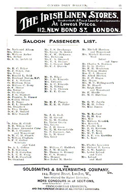 GGA Image ID # 174c9bcde9 Saloon Passenger List from the RMS Lusitania of the Cunard Line, Departing 20 March 1909 from Liverpool to New York via Queenstown (Cobh)