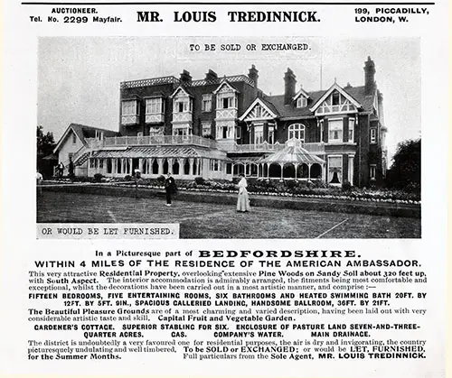 Advertisement, Real Estate Auction, Mr. Louis Tredinnick, London for a Bedfordshire Estate.