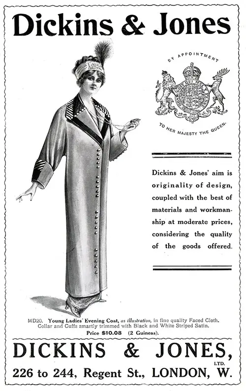 Advertisement, Young Ladies' Wvening Coat by Dickins & Jones of Regent Street, London.