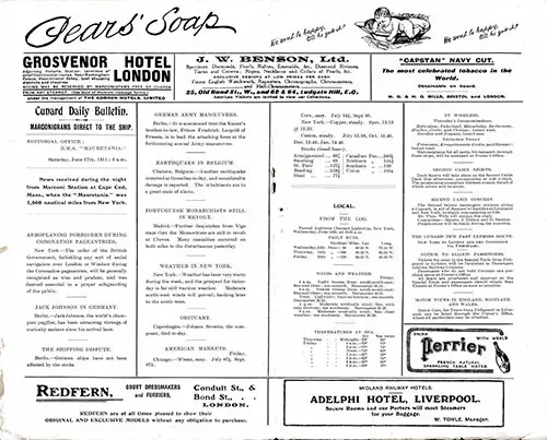 Marconigrams Direct to the Mauretania, Cunard Daily Bulletin for 17 June 1911.